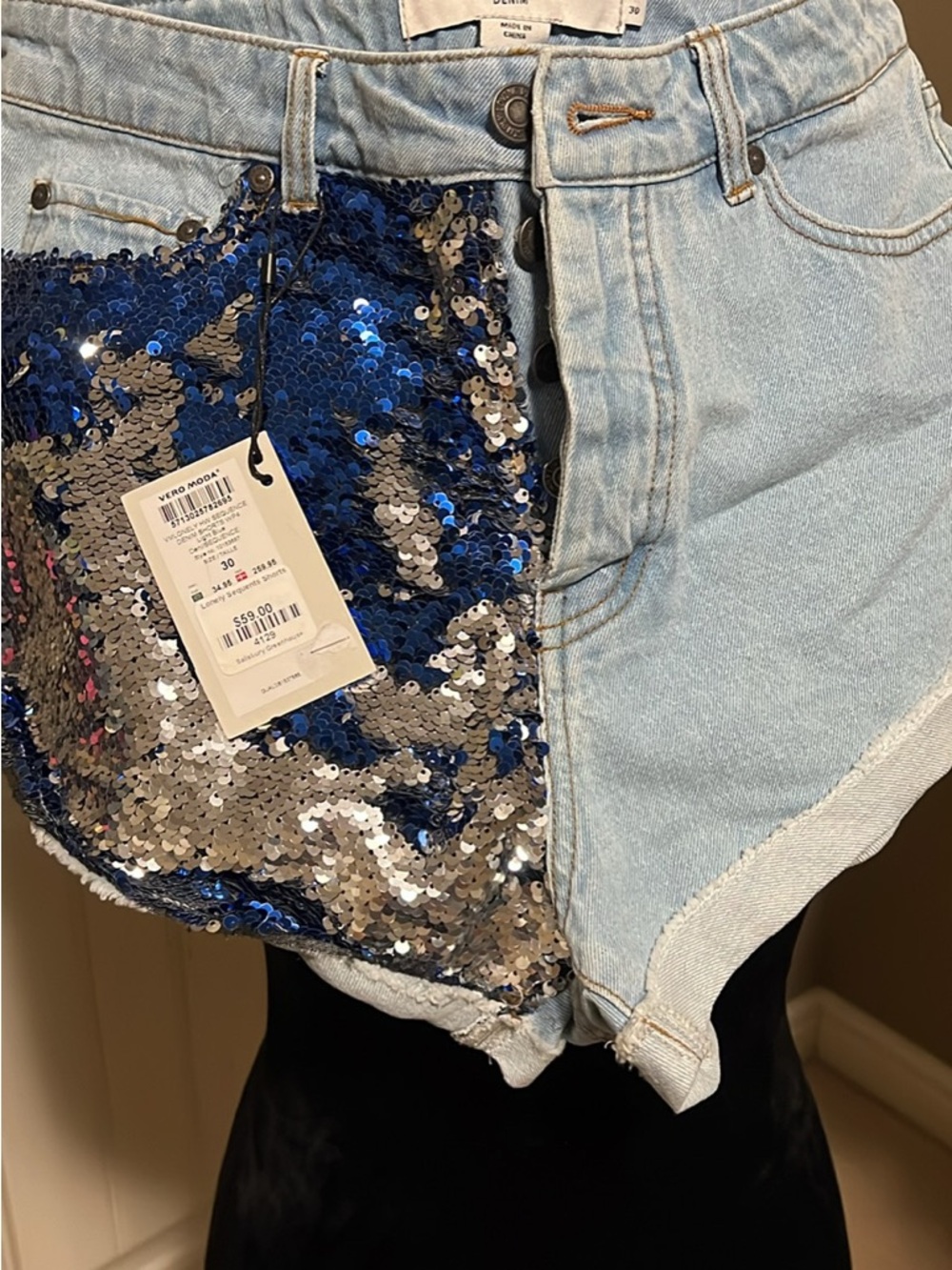 Vero Moda Light Wash Denim Shorts with Blue & Silver Sequins Panel